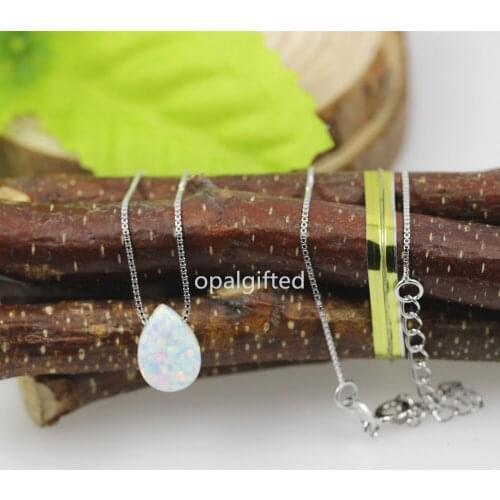 2020 Hot Selling 8x11mm white Fire Opal drop Pendant Necklace box Chain 925 Sterling Silver Synthetic Opal pear/drop Necklace