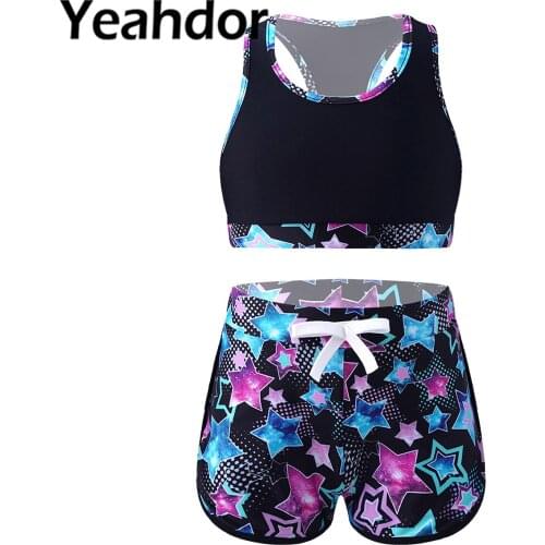 2021 Kids Girls Print Bathing Suit Swimwear Sleeveless Racer Back Crop Tops and Shorts Set Beachwear Swimming Sport Outfit