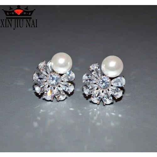Brand Female Rhod Stud Earrings Fashion Snowflake Style Zircon Stone Wedding Earrings Simple pearl flower earrings women