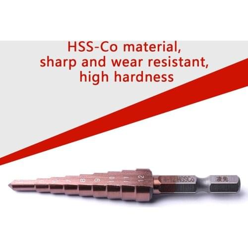 CHEERBRIGHT 1/4'' Hex Shank HSS-Co 9 Steps 4-12mm Step Drill Bit 50mm edge length Step Drills For Stainless Steel Drilling Tool