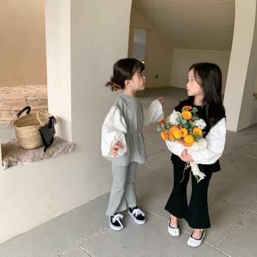 8405 Children Clothing Set Girls Suit 2021 Autumn Korean Fashion Girls 2 Pieces Set Patchwork Sleeve Top +Flared Pants Kids Set