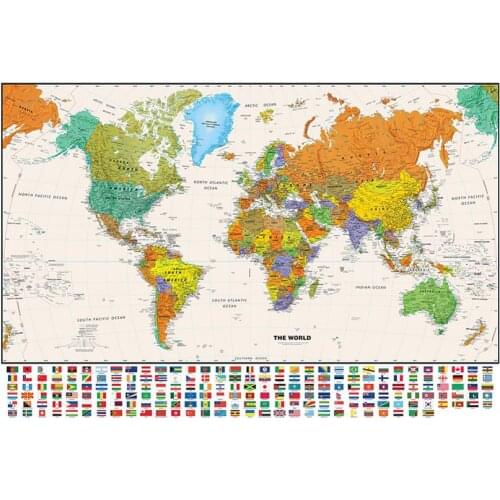 150x225cm The World Physical Map With National Flag For Education And Culture Non-woven Spray World Map