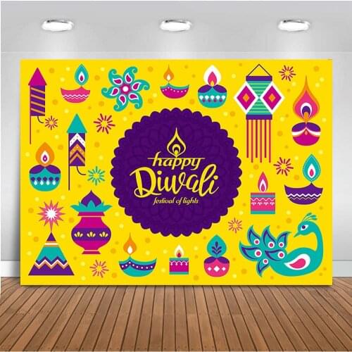 Photography Background Soil Lamps 7x5 Colorful Purple Sky Flower Lights Backdrop for Diwali Festival Party Decor happy diwali