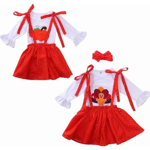 Toddler Infant Kids Baby Girl Clothes Set Halloween Pumpkin Thanksgiving Turkey Autumn Long Sleeve Top Strap Dot Skirt Outfits