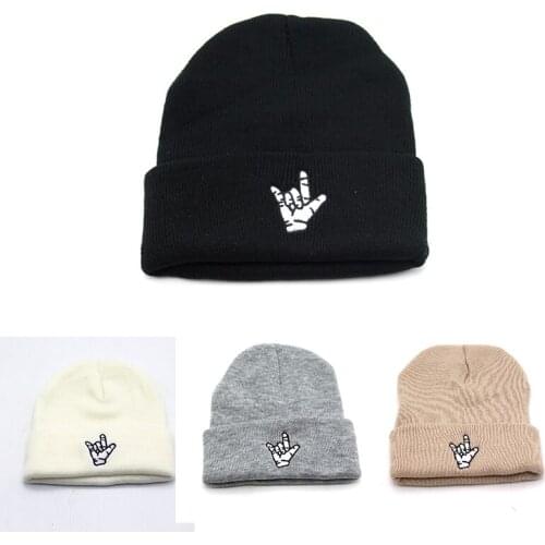 Rock Pack Embroidered Beanie Hat Fashion Boys Girls Wool Bonnet Autumn Winter Warm Skullies Beanies Knitted Hat Curled-edge Caps