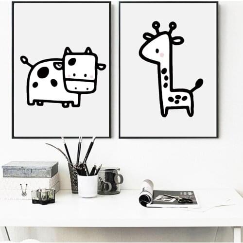Cartoon Nordic Posters Cute Giraffe Deer Elephant Pattern Canvas Painting Black White Simple Wall Pictures for Kids Room