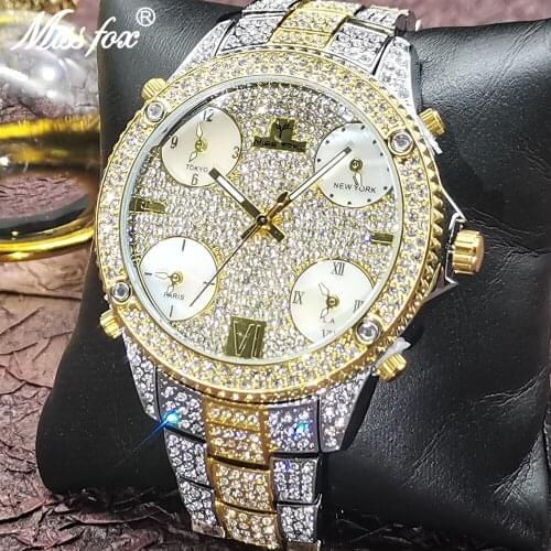 MISSFOX 51mm Big Round Dial Men Watch High-end Iced Out Full Black Gentleman Watches Stainless Steel Hip Hop Classic AAA Clocks