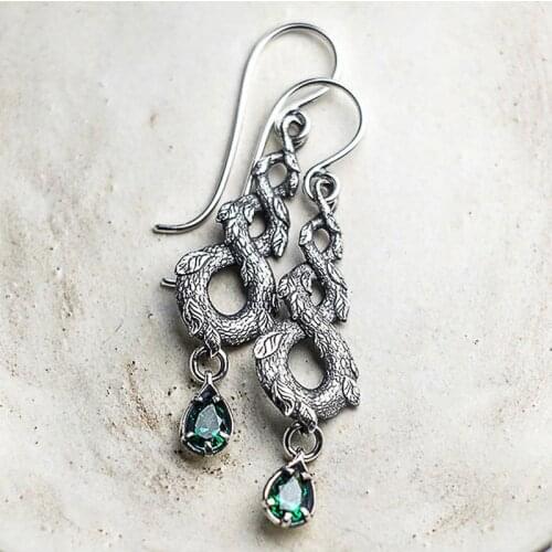 New Vintage Number 8-shaped Twist Women Drop Earring Noble Green Pear Stone Loong Pattern with Leaves Retro Party Earring