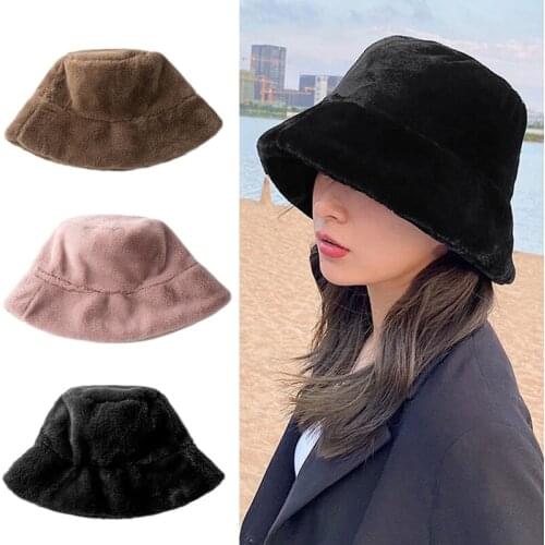 Women Winter Solid Color Cow Print Bucket Hat Fuzzy Plush Outdoor Warm Wide Brim Vacation Harajuku Panama Fisherman Cap