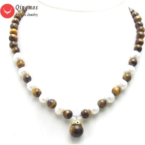 Qingmos Natural 12mm Yellow Tigers-eye Pendant Necklace for Women with 8-9mm White Pearl Necklace & 8mm Tigers-eye Necklace