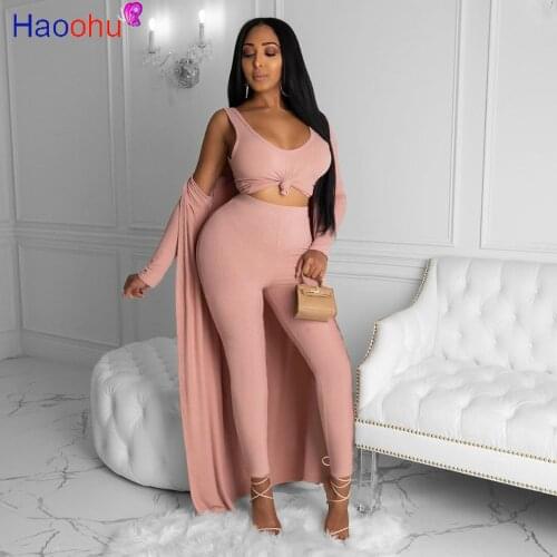 Sexy 3 Piece Set Fall Autumn Clothes for Women Sporty Crop Top + High Waist Skinny Pant + Long Cardigan Casual Solid Club Outfit