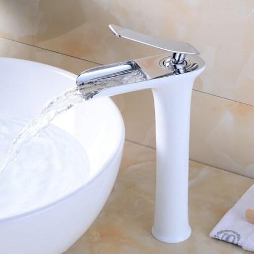 Basin Faucet Brass Sink Mixer Tap Hot & Cold Single Handle Deck Mounted Bathroom Waterfall Water Crane Vessel White Chrome/Gold