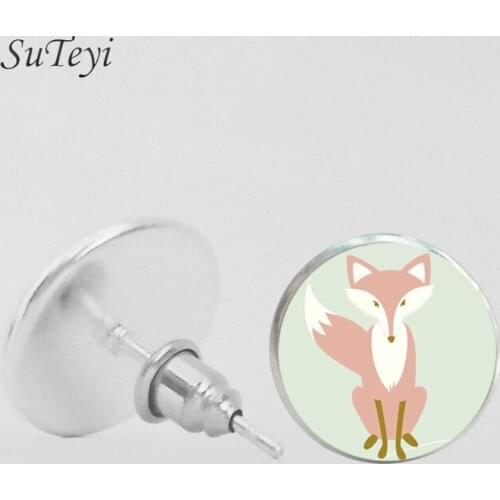 SUTEYI Newest Design Fox Pattern Earrings Glass Cabochon Animal Earings Handmade Women Earring Silver Color Jewelry Bijoux Femme
