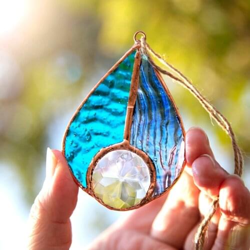 H&D Handcrafted Stained Glass Teardrop Sun Catcher with Crystal Prism Rainbow Maker Window Hanging Ornament Creative Gift (Blue)