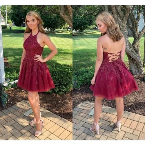 YiMinpwp Dark Red Homecoming Dresses Halter Backless Short Appliques Tulle Mini Girls Prom Dress Cocktail Party Gowns Plus Size