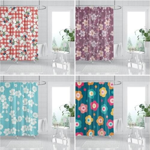 Floral Fabric Shower Curtain Bathroom Decoration Waterproof Polyester Bath Screen Multi-Size Bath Curtain With Plastic Hooks