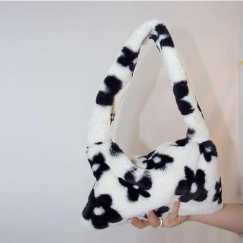 Vintage Cute Soft Fur Shoulder Bags for Women Autumn Winter Plush Luxury Handbags and Purses Ladies Underarm Bags