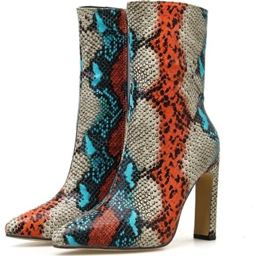 2020 Luxury Women 11.5cm High Heels Fetish Boots Lady Ankle Boots Block Snake Skin Print Prom Fall Prom Plus Size Booties Shoes