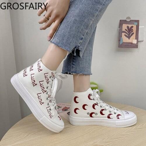 Womens Vulcanized Shoes Crescent Pattern High-top Canvas Shoes Womens Ins Tide 2021 New Womens Shoes Student Shoes