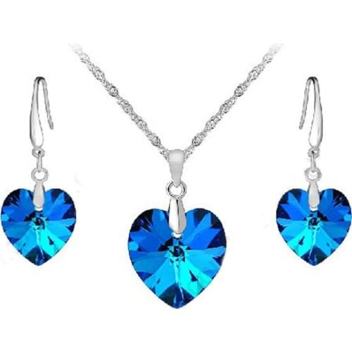 New Fashion 925 Sterling Silver Blue Cubic Zirconia Crystal Jewelry For Women Ladies Necklace Heart Pendant Earrings Set