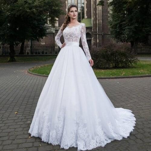 Vestido de noiva 2020 Elegant V-neck Illusion Design Appliques Lace A-line Long Sleeve Wedding Dresses Button Back Bridal Gown