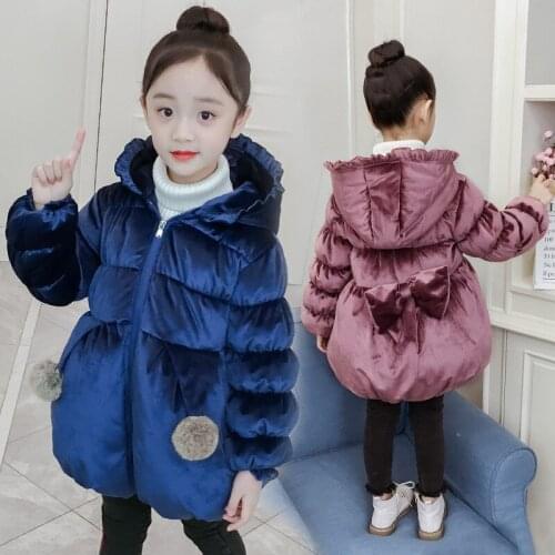 Girls Cotton-Padded Winter Clothes New Kids Middle-Long Butterfly-Knot Golden Velvet Wadded Coat Childrens Ruffles Jacket P163