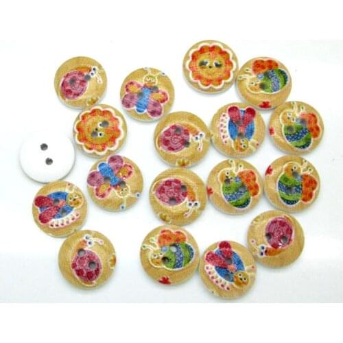 100pcs 15mm Mixed White Round Insects series Pattern Wooden Buttons For Clothes Crafts Sewing Scrapbooking DIY Accessories