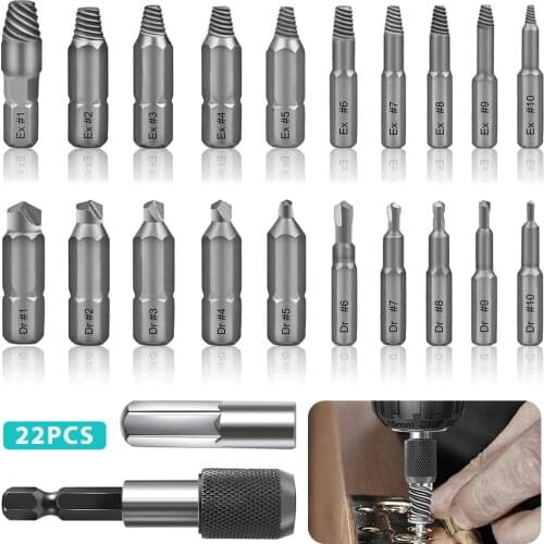 22Pcs Durable Screw Extractor Set Easy Out Damaged Guide Speed Bolt Stud Stripped Broken Wire Remover Drill Bits Dremel Tools