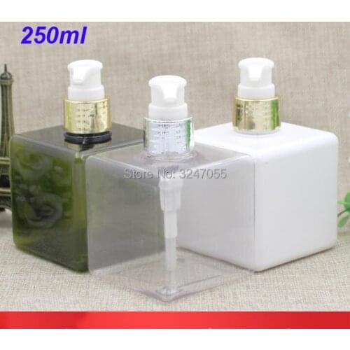 250ML 10pcs30pcs Olive Green Empty Plastic Cosmetic Emulsion Bottle, Portable Lotion Pump Container,White Square Shampoo Package
