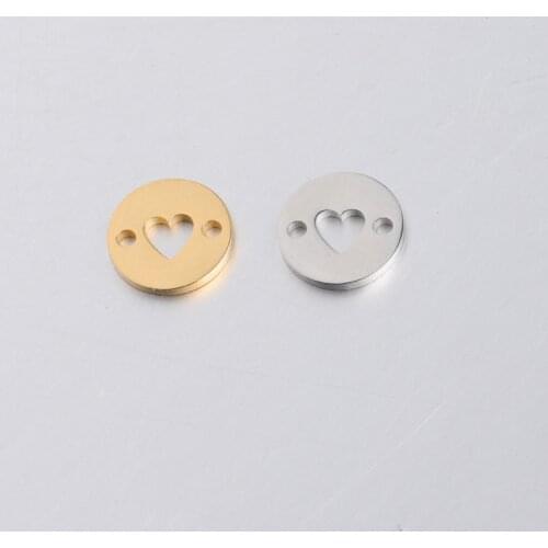 10mm Mirror Polish Stainless Steel Mini Heart In Round Tag Pendant Two Holes Connectors for Bracelet DIY Jewelry Accessory 5pcs