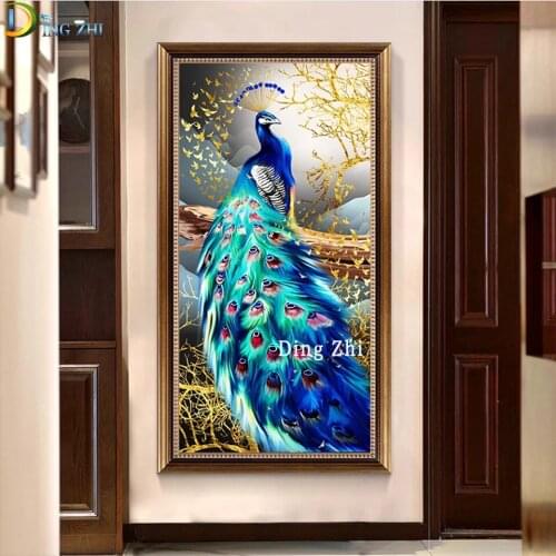 Chinese Style Diy Diamond Painting Simple Rich Peacock Full Square Round Embroidery Mosaic Entrance Corridor Hanging Painting