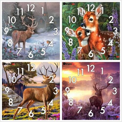 Full Drill Diamond Painting Cross Stitch With Clock landscape Animal Deer Mosaic 5D Diy Square Round 3d Embroidery Gift