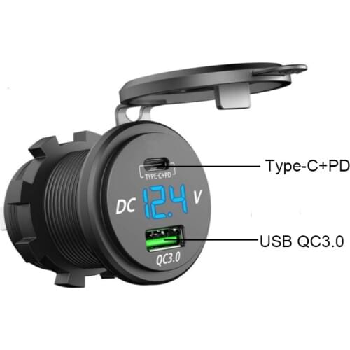 PD Type-C+QC 3.0 USB Car Charger Socket 12V/24V Car Power Outlet Waterproof Socket for Motorcycle Marine Boat RV ATV