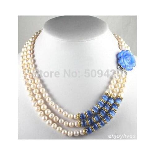 Free Shipping >>>3 Rows Real White Pearl 8-9mm Crystal Blue Opal Rose Flower Clasp Necklace