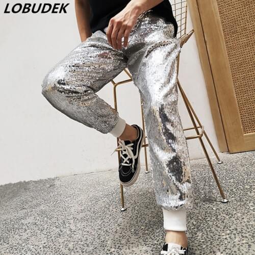 Men Silver Black Sequin Long Pants Sequined Casual Pants Nightclub Tide Male Singer Dancer Dance Costume Rock HIP HOP Stage Wear