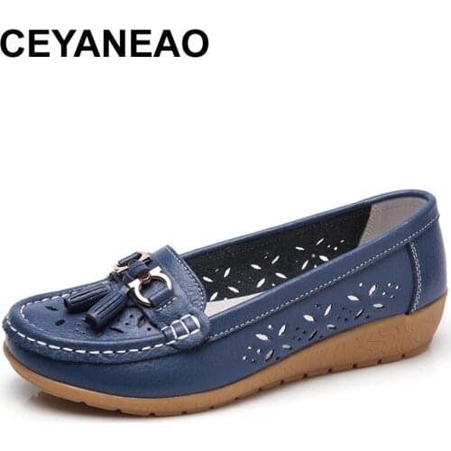CEYANEAOWomen Casual Mother Ladies Female Flats Shoes Hollow 2018 Loafers Cow Genuine Leather Summer Pigskin 35-41E778