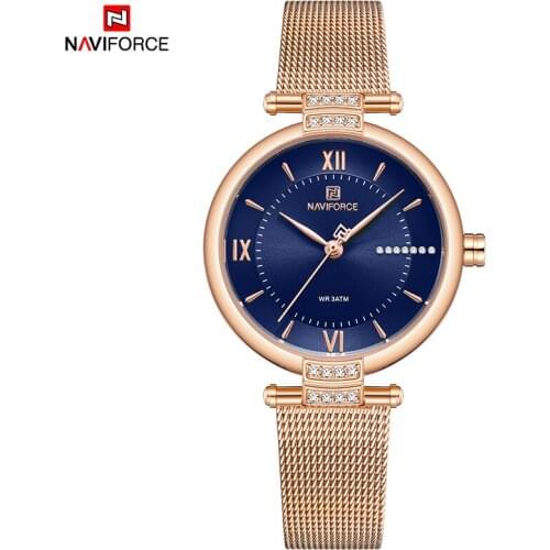 NAVIFORCE Top Luxury Brand Women Watch Rhinestone Quartz Lady Waterproof Wristwatch Rose Gold Blue Stainless Steel Female Clock