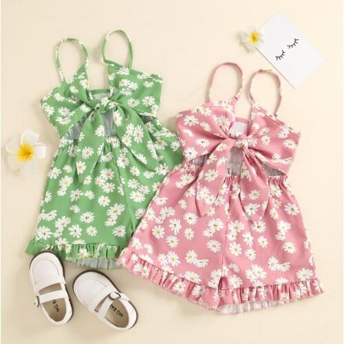 FOCUSNORM 1-6Y Summer Toddler Girls Sweet Jumpsuits Sunflowers Printed Strap Sleeveless Bowknot Ruffles Rompers 2 Color
