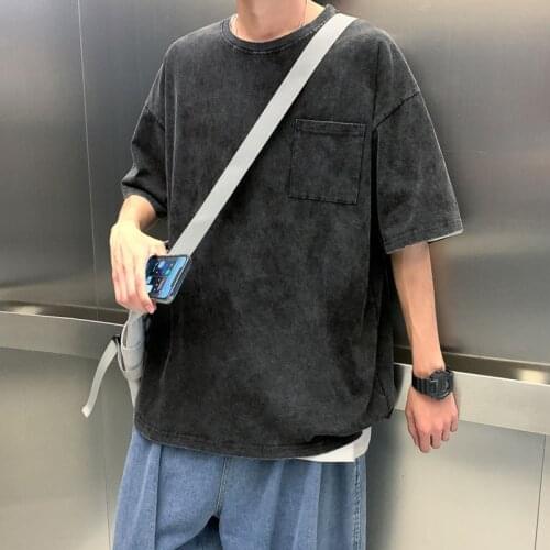 Summer Washed Denim T-shirt Mens Korean Fashion Loose Casual T-shirt Mens Harajuku Streetwear Old Retro Short-sleeved T-shirt