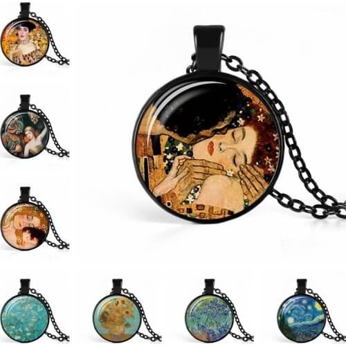 Gustav Klimt The Kiss Art Painting Van Gogh Starry Night Statement Necklace Glass Cabochon Pendant Necklace Jewelry for Women