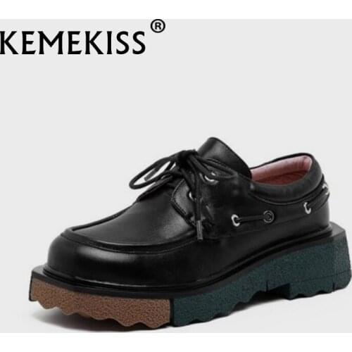 KemeKiss WomenS Genuine Leather Pumps Shoes Round Toe Cross Strap Mixed Color Platform Fashion Daily Ladies Footwear Size 34-40