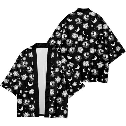 Star Sun Moon Printed Splicing Kimono Cardigan Men Japanese Traditional Casual Loose Coat Pants Asian Clothes Harajuku