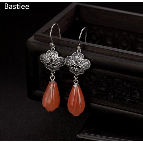 Bastiee 925 Sterling Silver Magnolia Flower Red Agate Golden Plated Korean Earrings Dangle Earrings Vintage