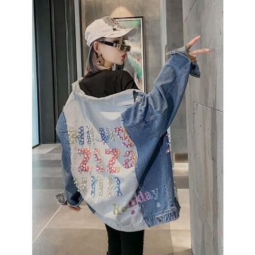 IHOBBY Streetwear Denim Jacket Women Hot Drilling Bead Letter Stitching Cotrast Color Loose Jeans Coat Spring Outwear