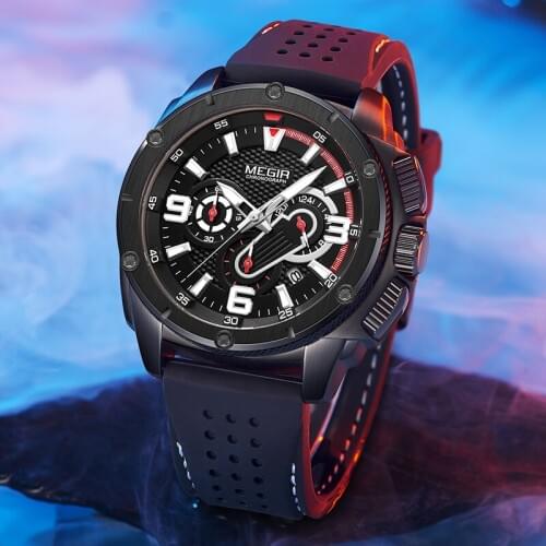 MEGIR Mens Chronograph Analog Quartz Watches Date Luminous Hands Waterproof Silicone Strap Sports Wristswatch Male Clock 2020