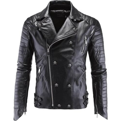 Vogue Mens Leather Double Breasted Faux Casual Jacket Stylish Slim Fit Coats Men Skull Suede Jacket for Imitation Leather Male