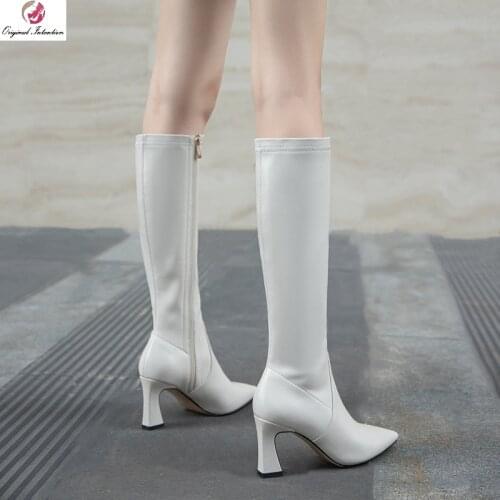 Fashion Pointed Toe Women Boots Winter Square Heels Zip Knee High Boots Botas Shoes Elegant Party Casual Shoes Woman Size 33-43
