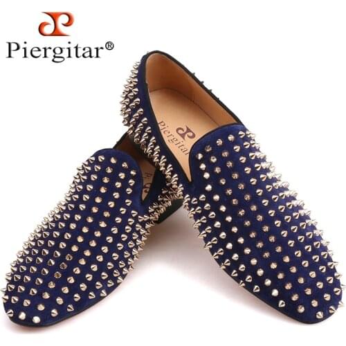 Piergitar brand 2018 Black and Navy colors with gold spikes men handmade shoes Fashion prom and wedding mens loafers plus size