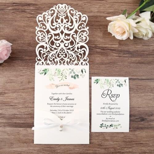 50pcs White New Arrival Horizontal Laser Cut Wedding Invitations with pearl ribbon,RSVP card,Customizable