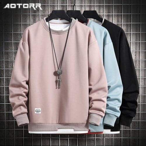 Autumn Casual Sweatshirt Men Fashion Solid Color O-neck Pullover Fake 2 Pieces of Harajuku Long-sleeved Hoodies Mens Multicolor